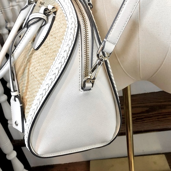 KATE SPADE White Leather Rattan Two Top Handle Tote Zipper Closure Crossbody Bag - Picture 4 of 17